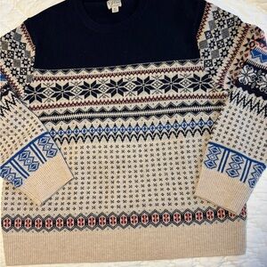 J. Crew Men's Black and Beige Patterned Crewneck Sweater
